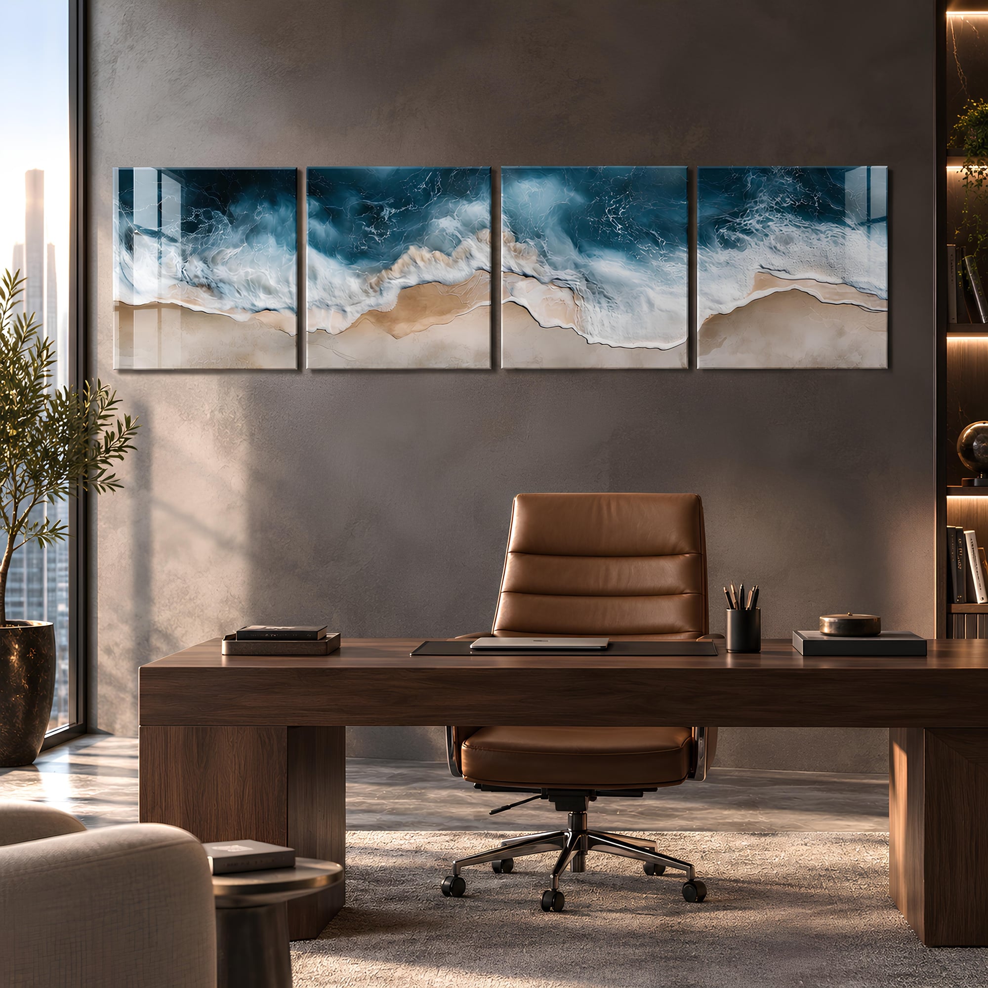 Aerial wave wall art above a dark wood desk and leather chair in a moody home office
